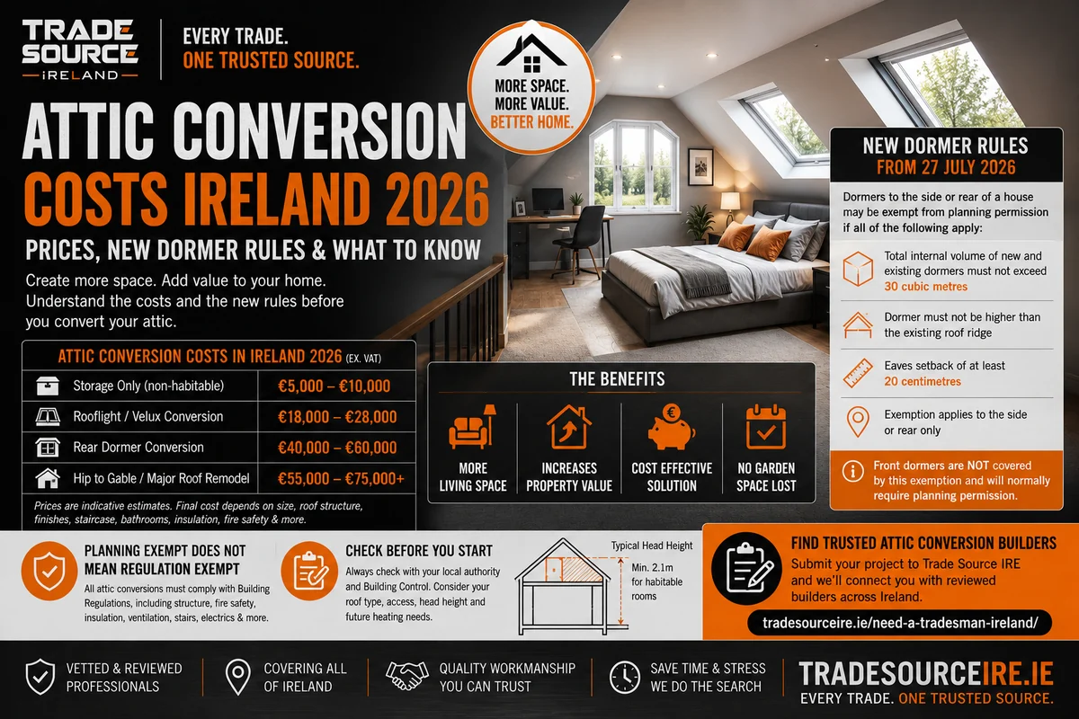 Trade Source IRE attic conversion costs Ireland 2026 infographic showing storage, rooflight, dormer and hip-to-gable price ranges plus the new 2026 dormer planning rules