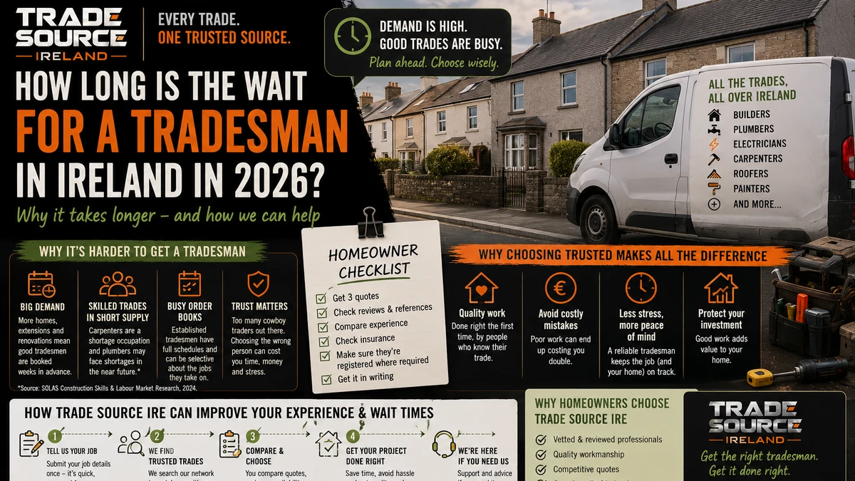 Trade Source IRE infographic explaining tradesman availability and homeowner checks in Ireland in 2026