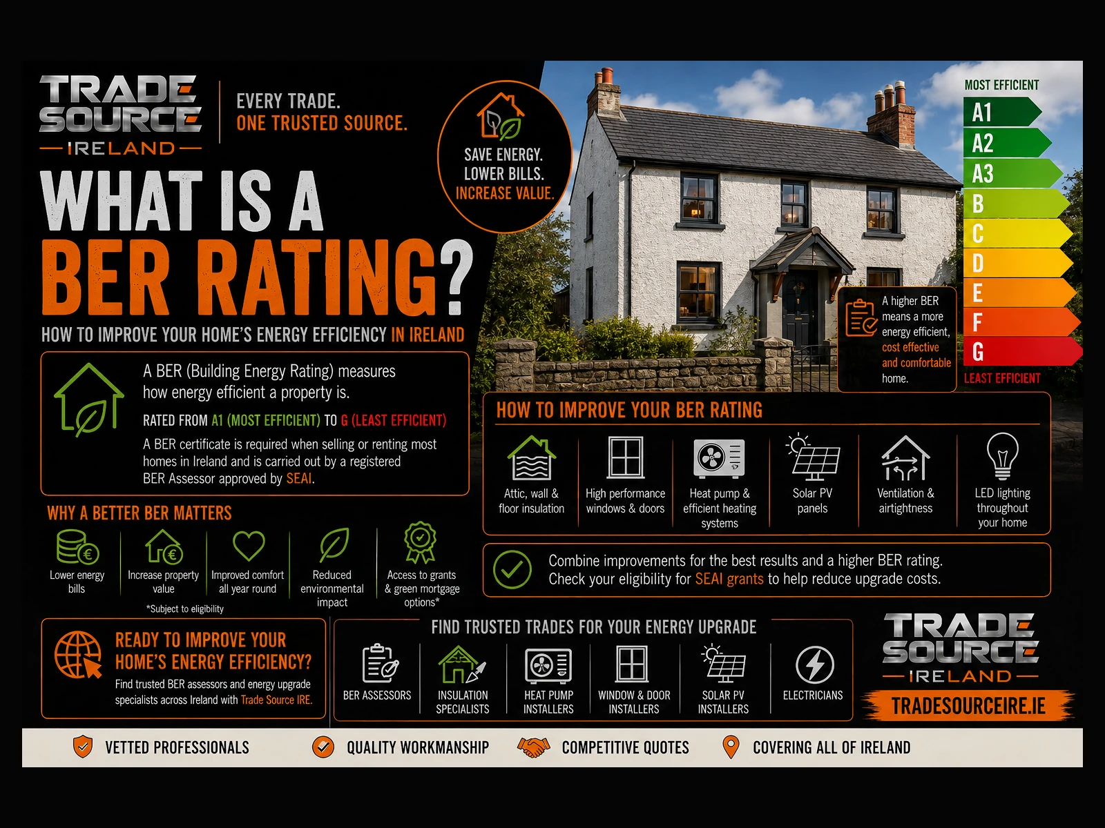 Trade Source IRE infographic explaining BER ratings and home energy efficiency upgrades in Ireland