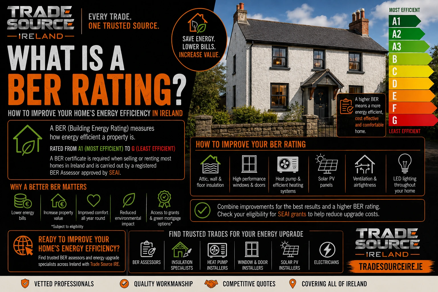 Trade Source IRE infographic explaining BER ratings and ways to improve home energy efficiency in Ireland