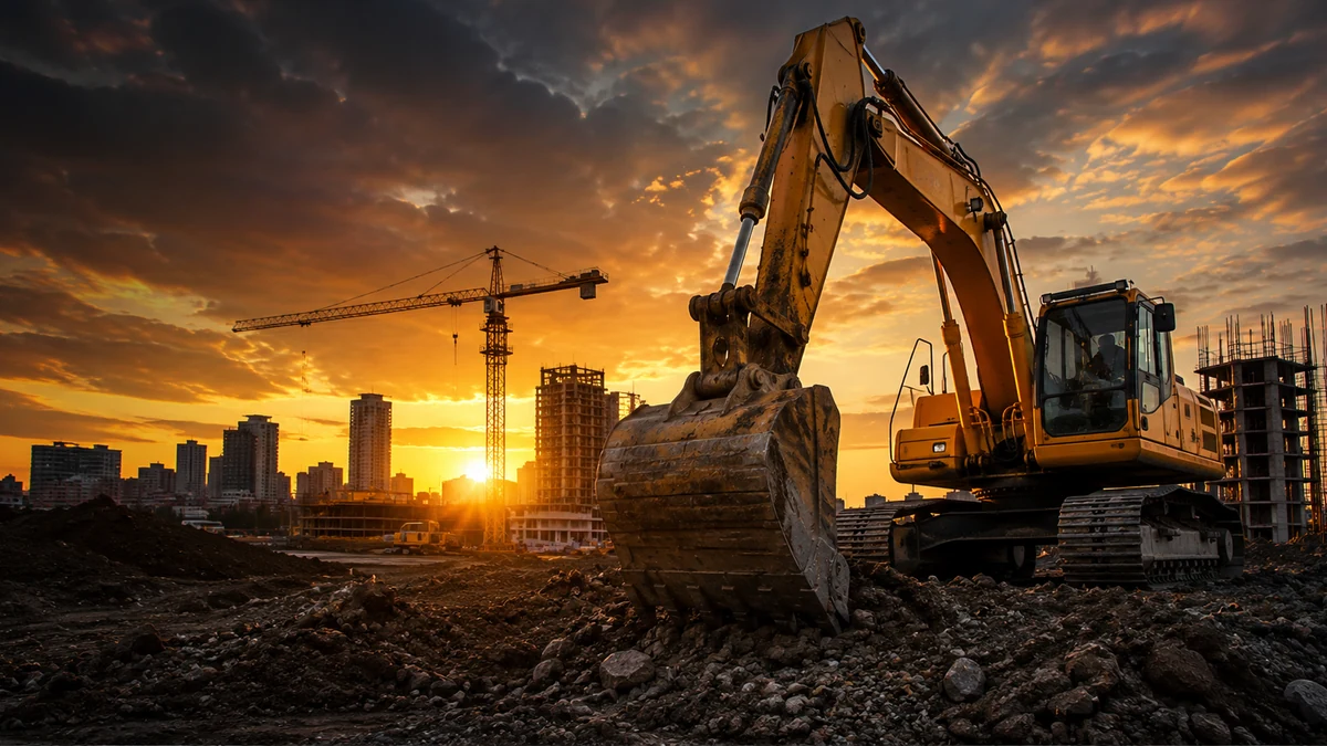 Active building site with an excavator, tower crane and construction works