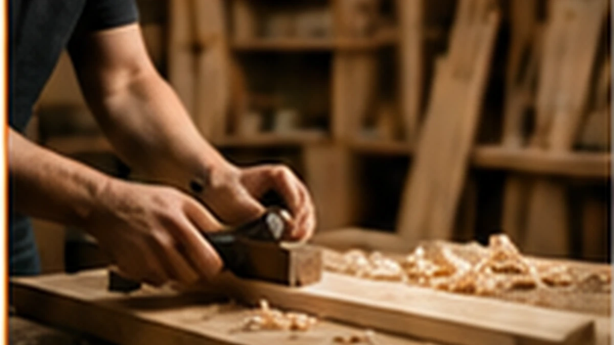Professional carpenter planing timber in a fitted workshop in Ireland