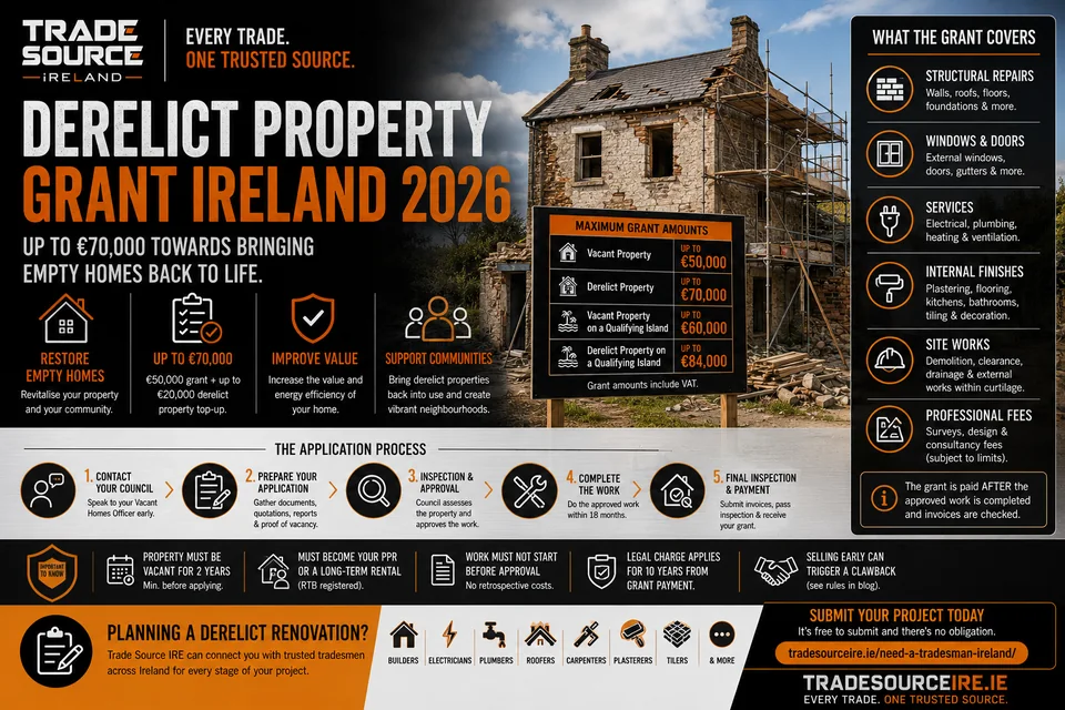 Trade Source IRE Derelict Property Grant Ireland 2026 infographic showing grant amounts, eligible renovation work and the application process