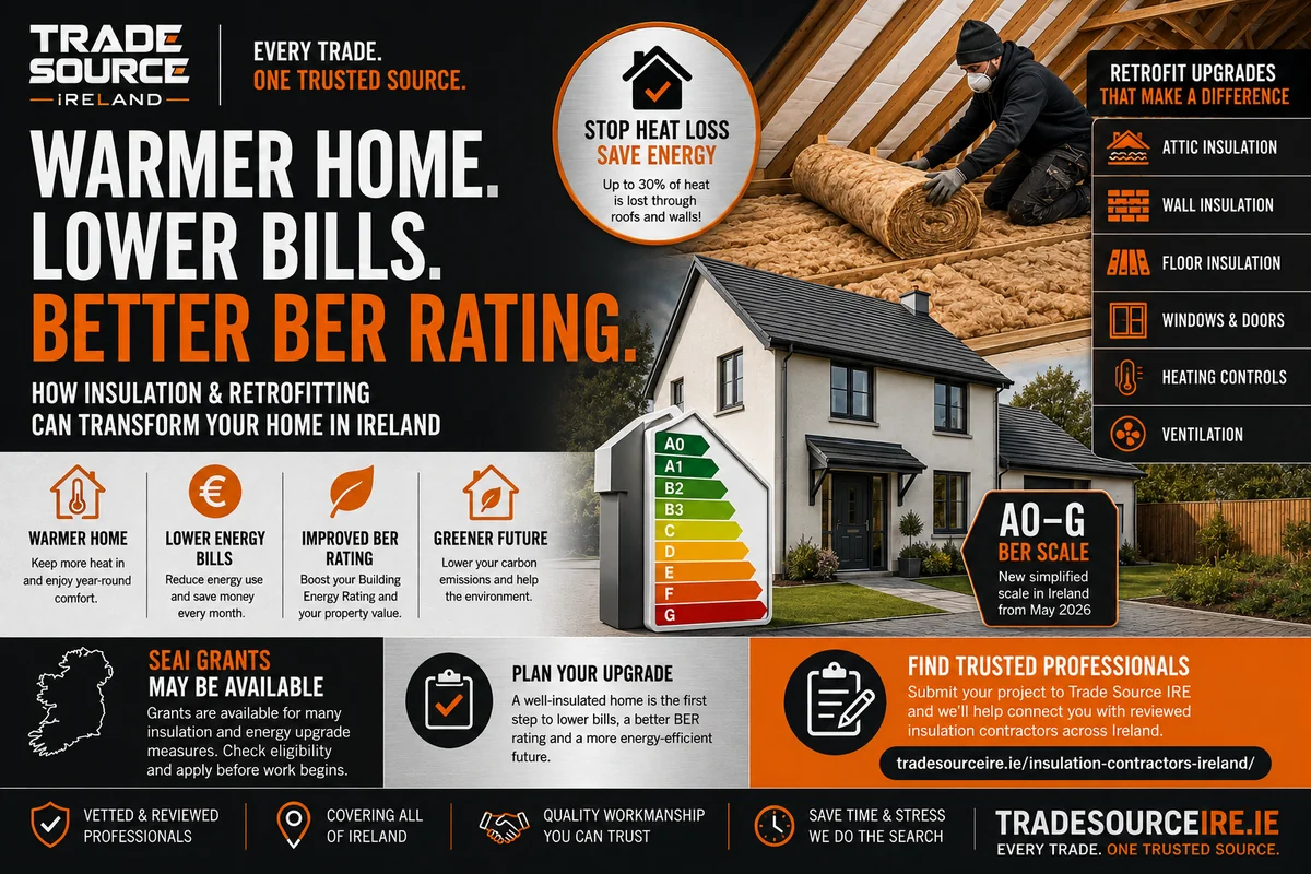 Trade Source IRE home insulation Ireland 2026 infographic covering attic, wall and floor insulation, BER improvements, ventilation and retrofit upgrades