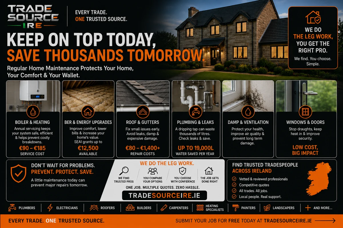Trade Source IRE home maintenance Ireland 2026 infographic covering heating, BER upgrades, roofs, plumbing, damp, windows and doors