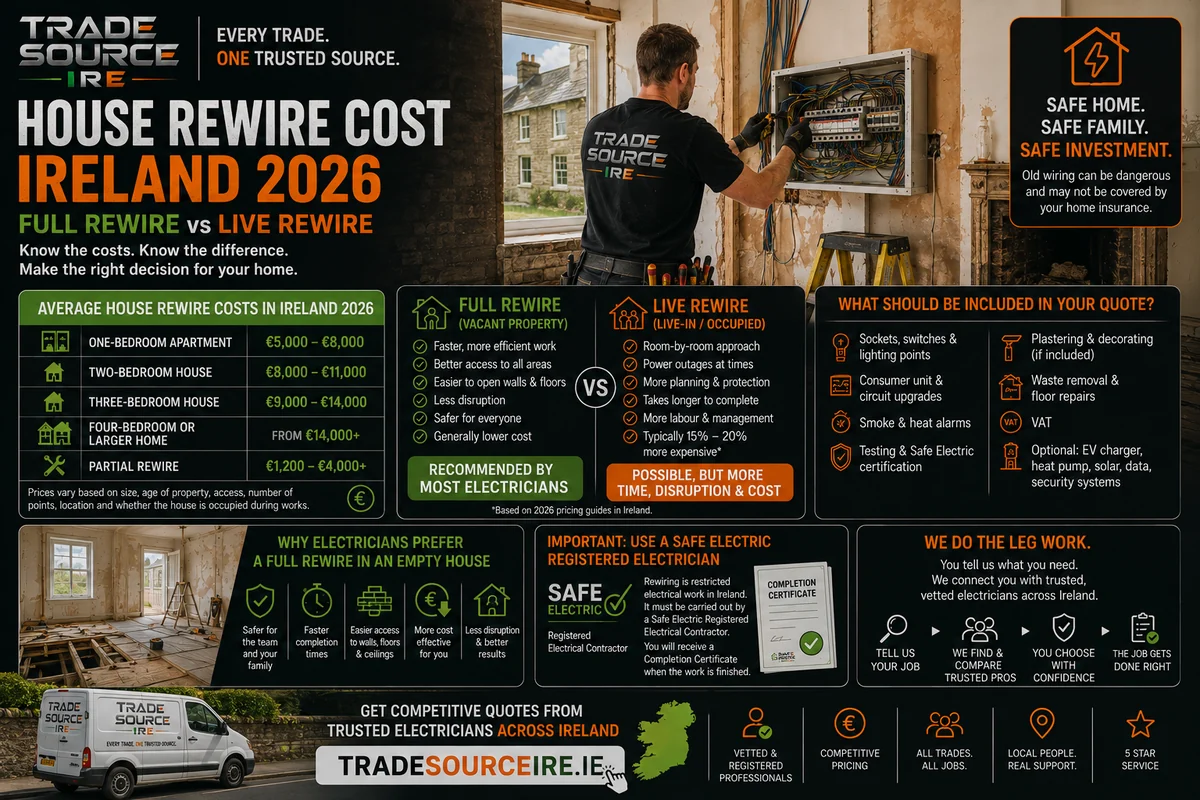 Trade Source IRE house rewire cost Ireland 2026 infographic comparing full vacant rewires with live-in rewires and indicative electrical rewiring costs