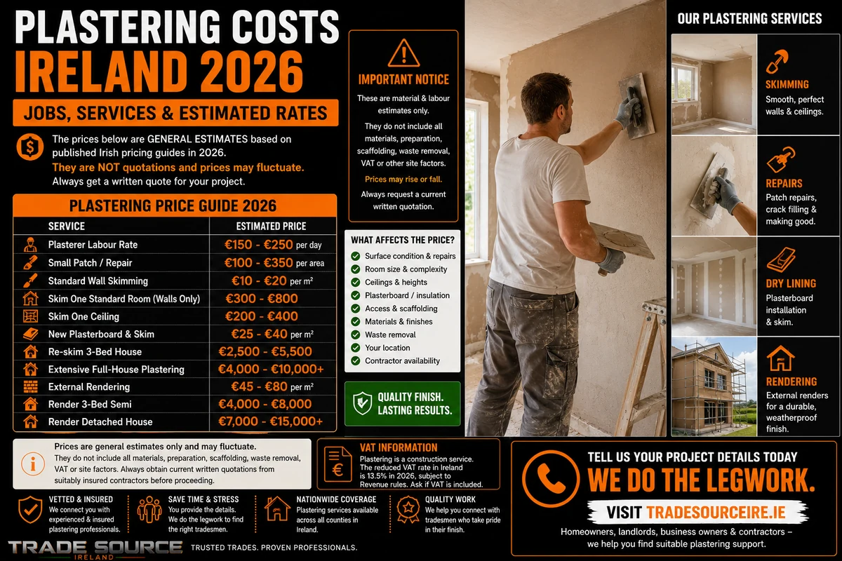 Trade Source IRE plastering costs Ireland 2026 infographic showing estimated rates for skimming, repairs, dry lining and external rendering