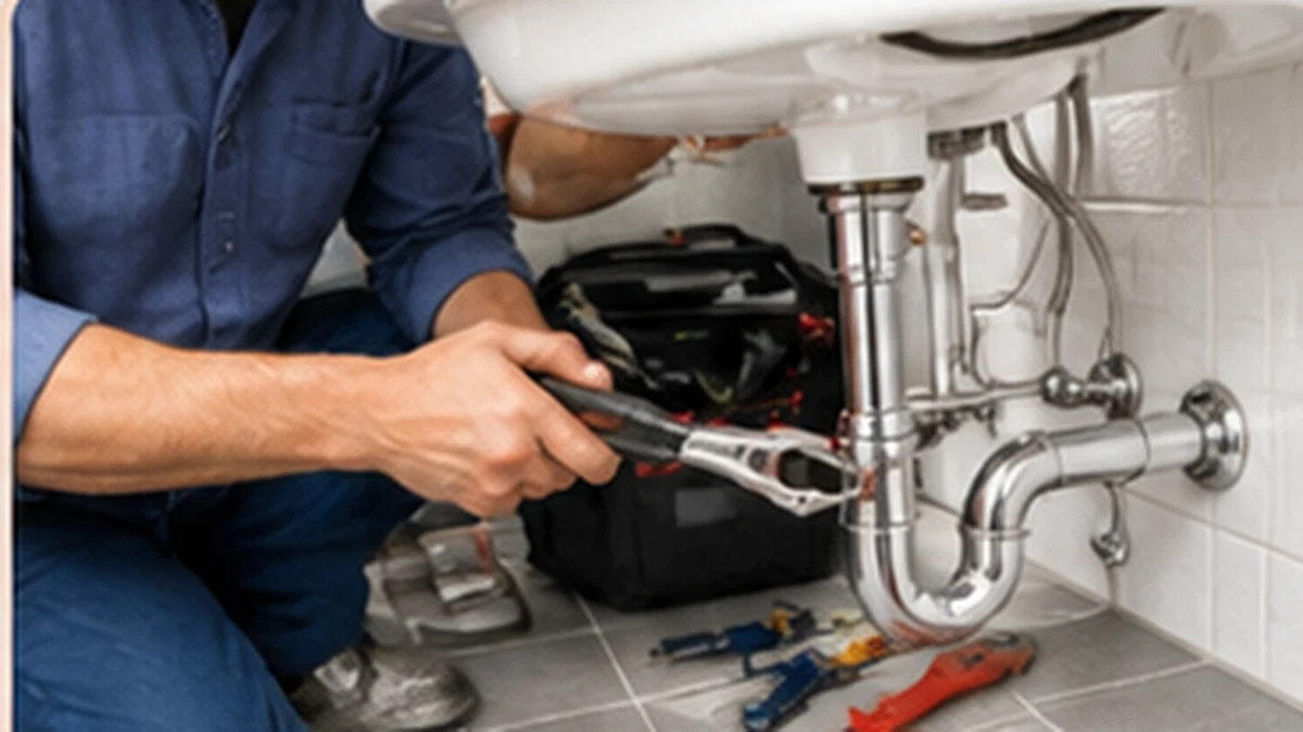 Plumber repairing pipework beneath a bathroom sink in Ireland