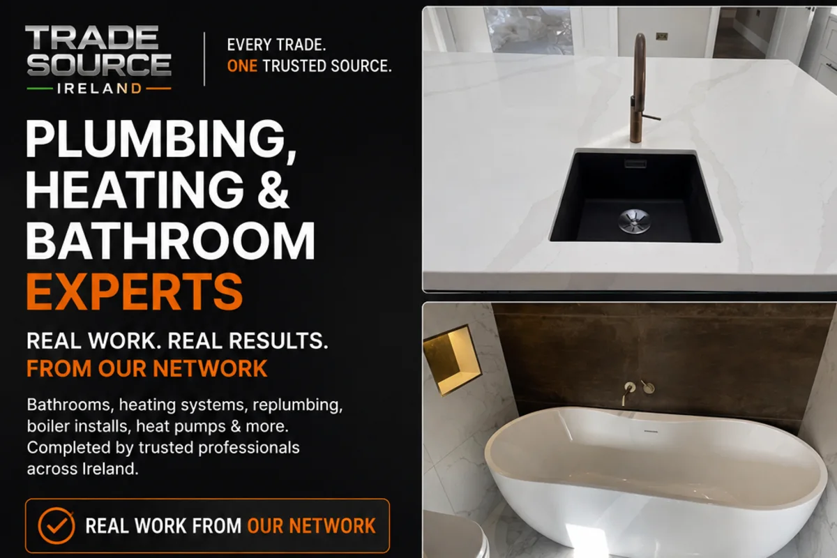 Trade Source IRE plumbing costs Ireland 2026 infographic showing estimated prices for plumbing, heating, boilers, bathrooms and heat pumps