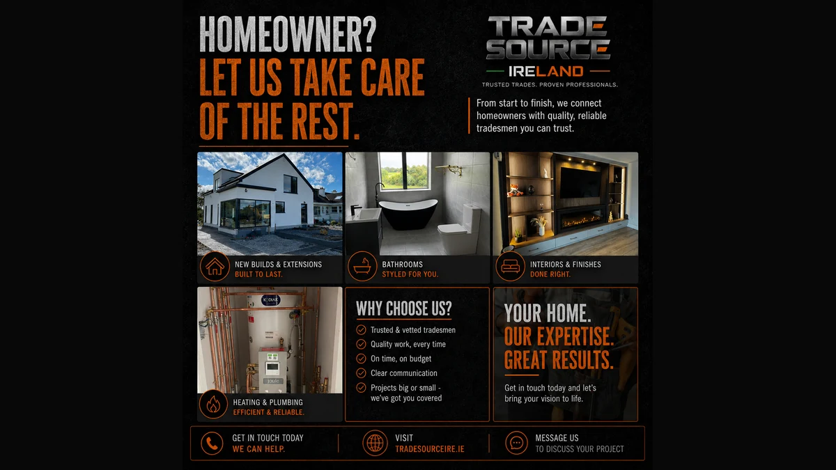 Trade Source IRE homeowner graphic featuring real completed building, bathroom, interior and plumbing projects from tradespeople in the network
