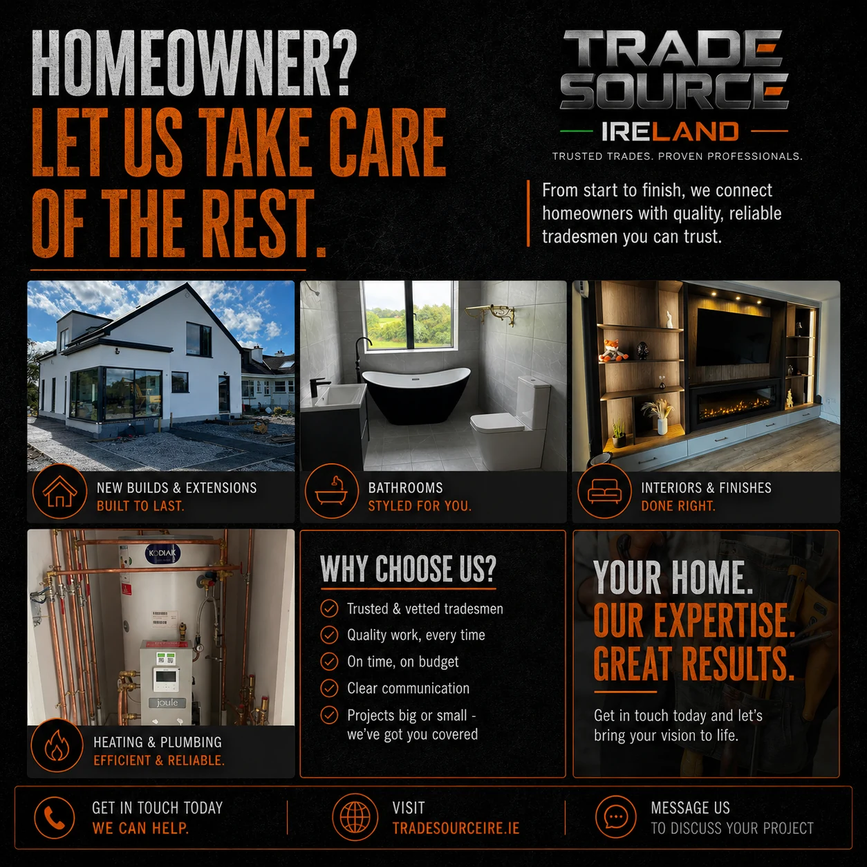 Trade Source IRE homeowner graphic featuring real completed building, bathroom, interior and plumbing projects from tradespeople in the network