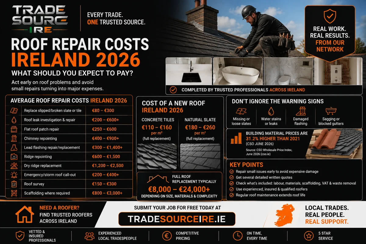 Trade Source IRE roof repair costs Ireland 2026 infographic showing estimated prices for roof repairs, slates, flashing, ridges, scaffolding and new roofs