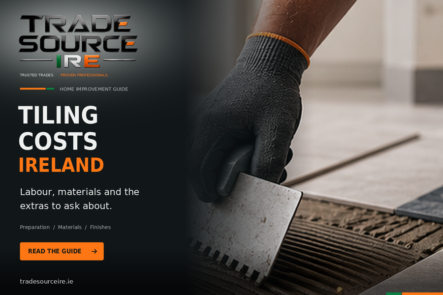 Trade Source IRE tiling costs Ireland guide showing floor tiles being installed