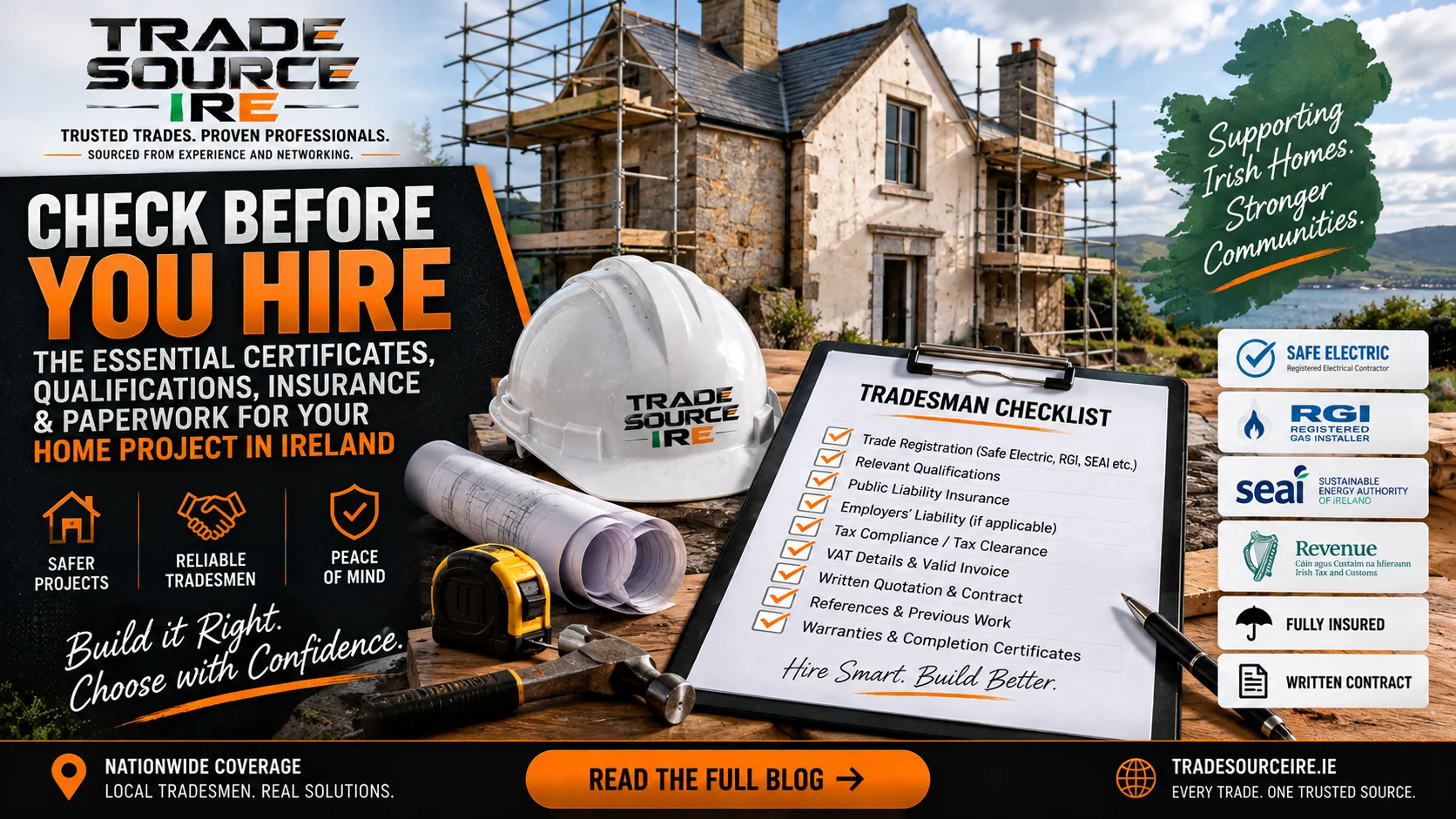 Trade Source IRE checklist for certificates, insurance and paperwork before hiring a tradesman in Ireland