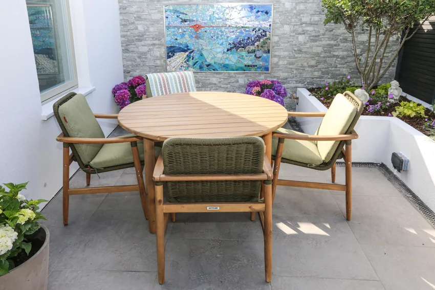Outdoor seating area at the completed Bray home