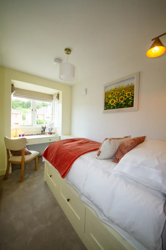 Painted bedroom walls and finished interior at the Bray home