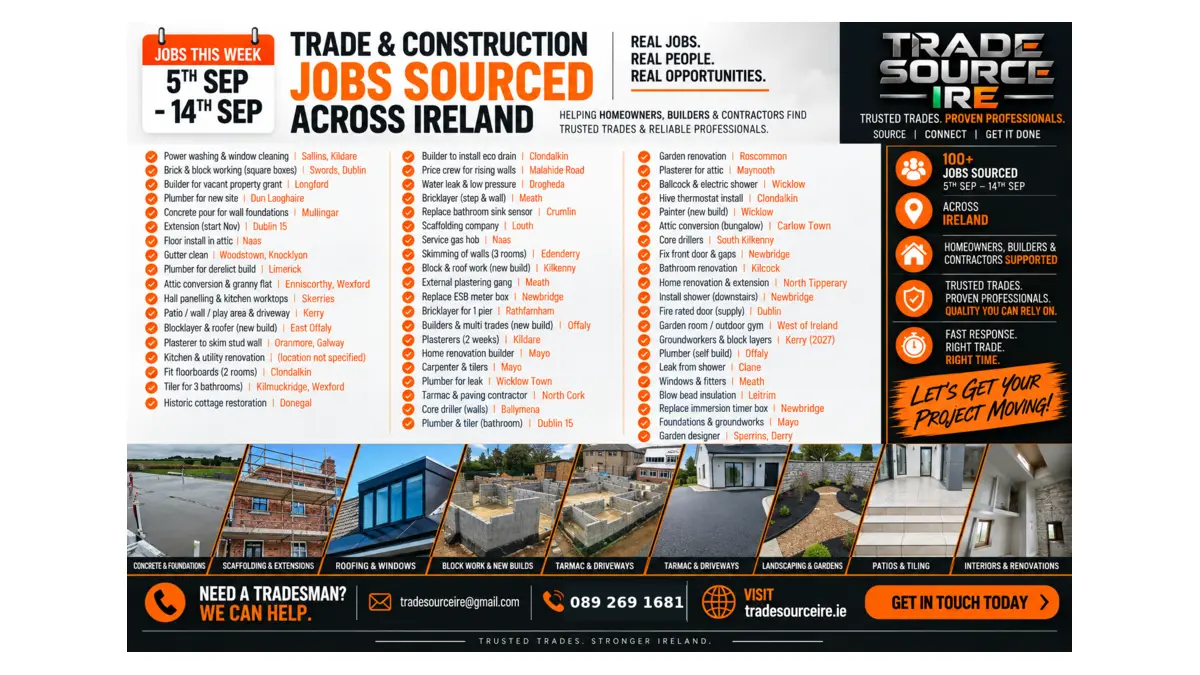 100 plus trade and construction jobs sourced across Ireland from 5 to 14 September 2026