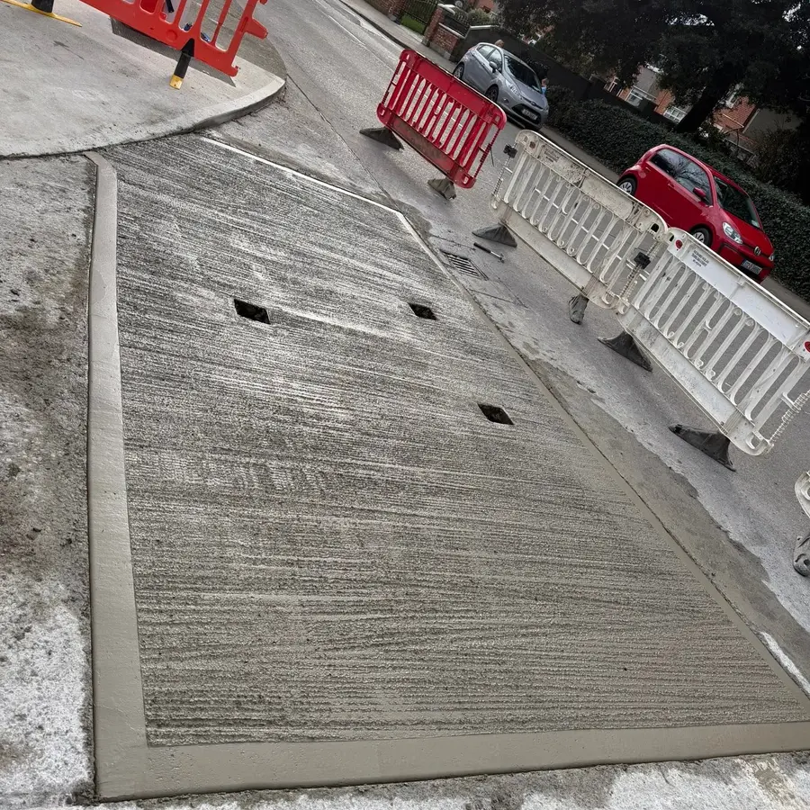 Fresh concrete surface completed inside safety barriers
