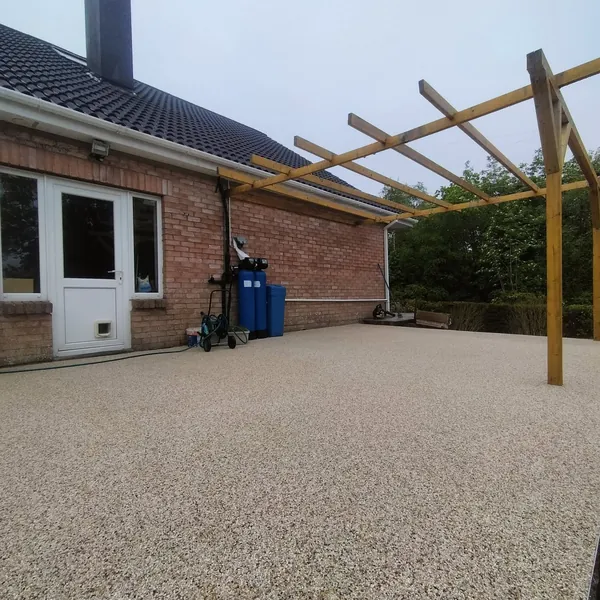 Garden paving and construction beside a house