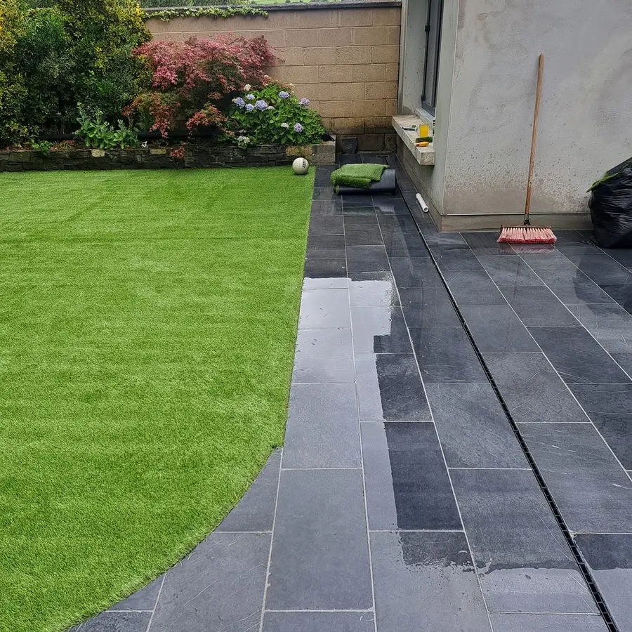 New garden path with paving and artificial grass