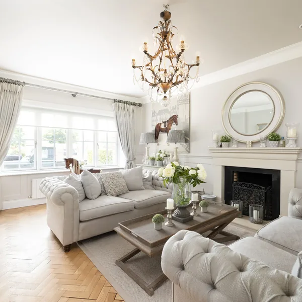 Finished home interior with decorative fireplace