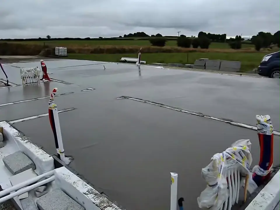 Fresh concrete foundation slab for a construction project
