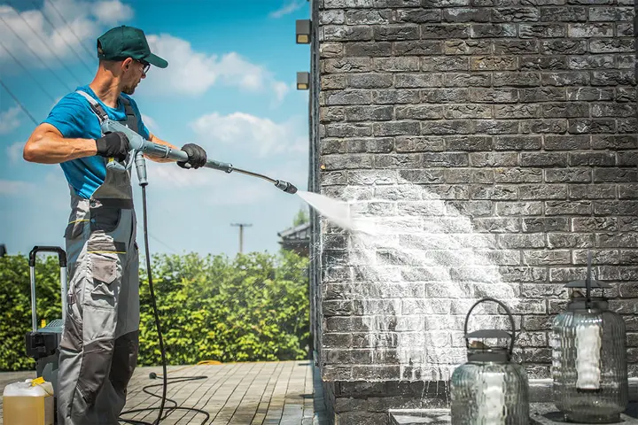 Brick cleaning service using controlled pressure washing
