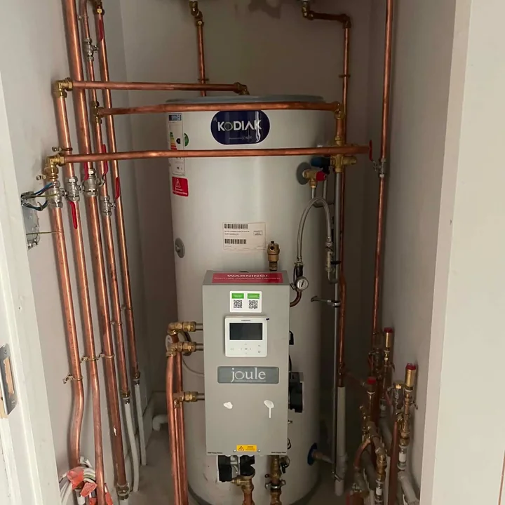 Hot water cylinder and copper pipework installation by PrimeLine Plumbing Solutions in Dublin